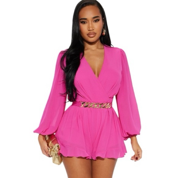 Fashion Nova Pants - New Fashion Nova Luxe Vibrant Hot Pink Long Sleeve Belted Chiffon Romper Small